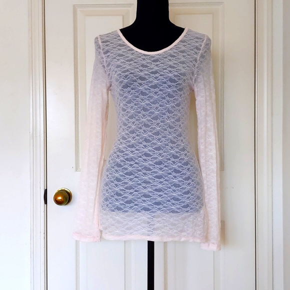 NWOT. Express Nylon and Spandex All Lace Long Sleeve Light Pink Blouse. - Picture 1 of 4